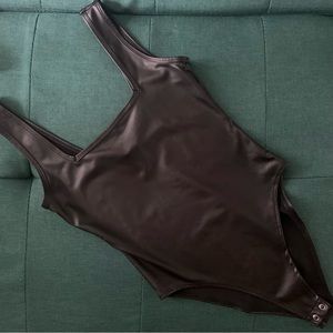 Black Faux Leather Bodysuit-Small